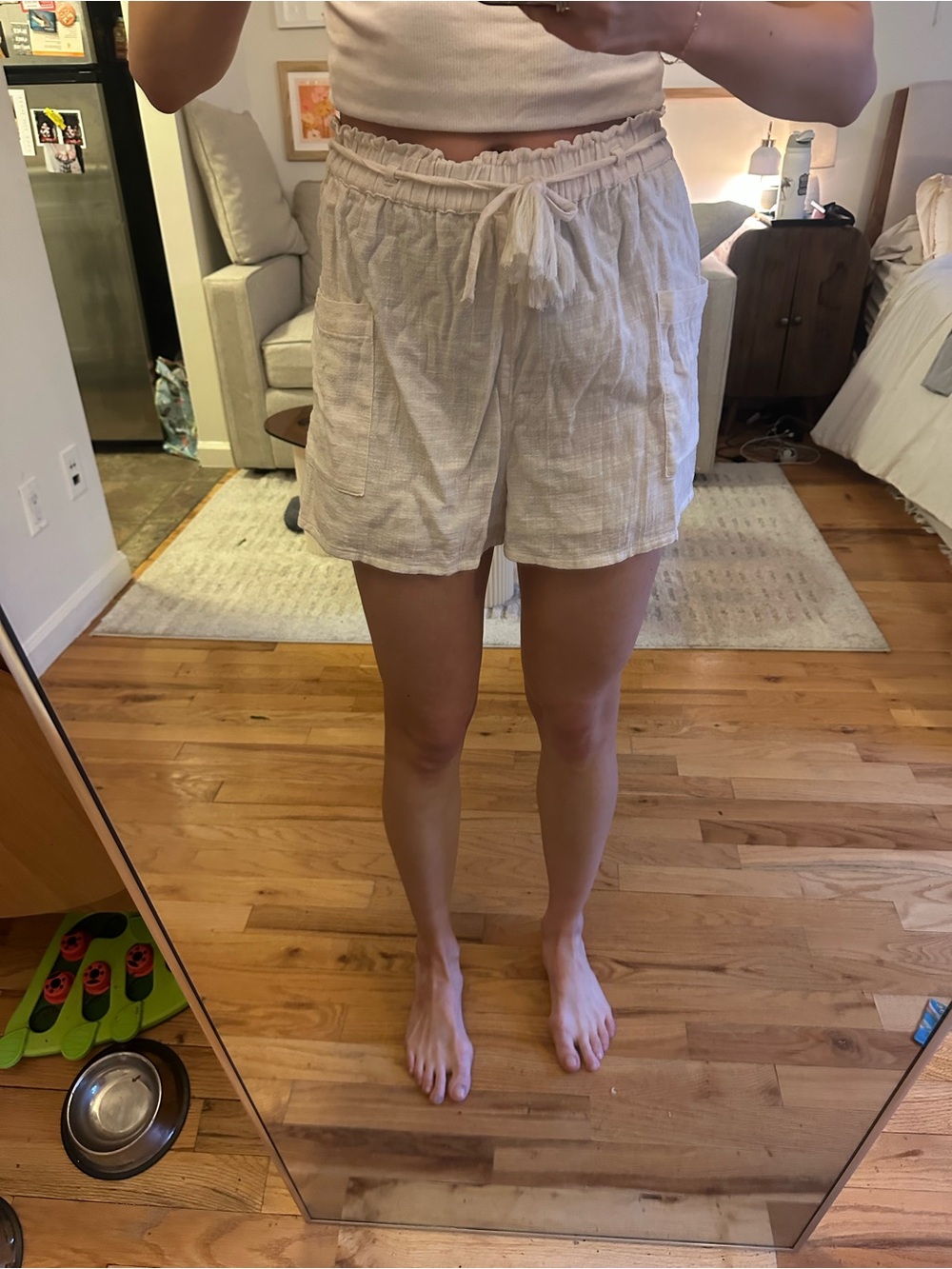 l*space Off-White Elastic Waist Linen Shorts